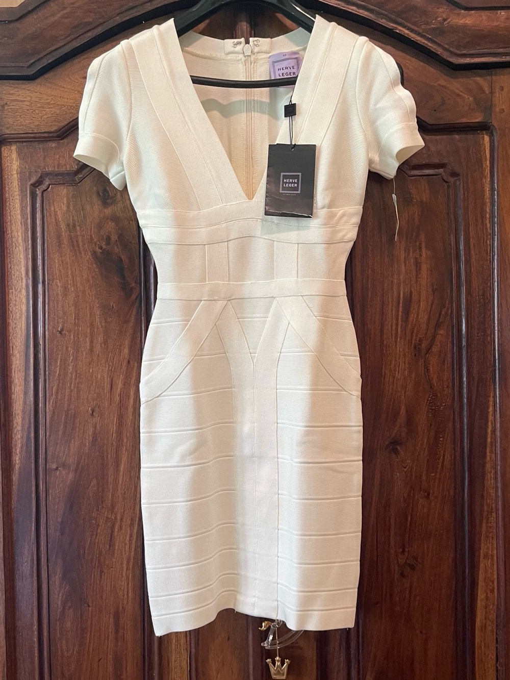 Herve Leger Ivory V-Neck Bandage Mini Dress
